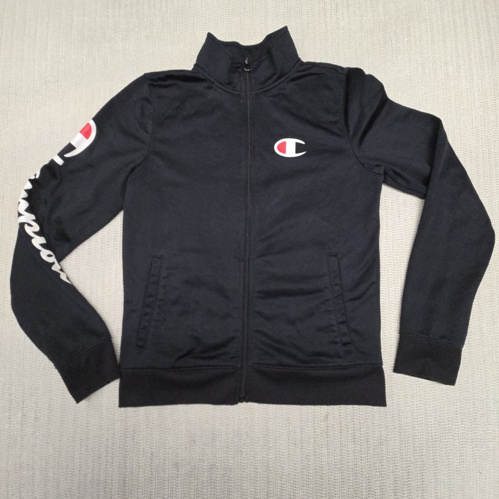 Champion Track Jacket Boys XL Black Full Zip Logo Sleeve Athletic Mock Neck